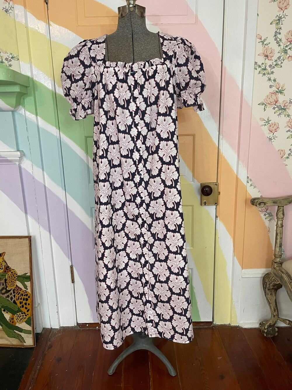 Hyacinth House MM064D Floral Button Front Puff Sleeve Midi Dress L